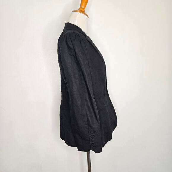 Frame Linen Blend Blazer Black One Button Closure Pleated Shoulder Pads Women 4 - Picture 3 of 13